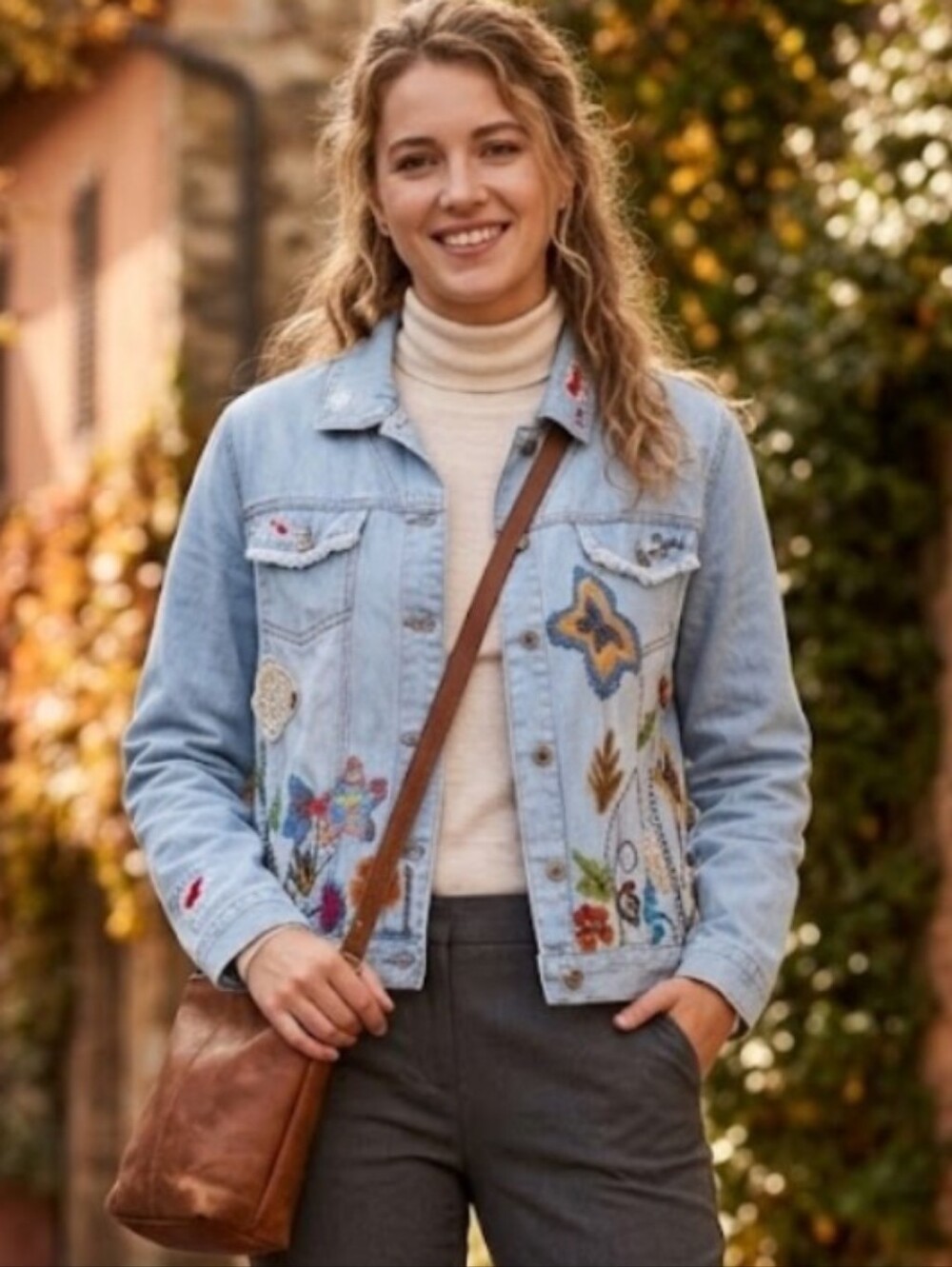 Vintage Chico’s Y2K Embroidered Floral Crochet Denim Jacket Light Wash Fall Sz M